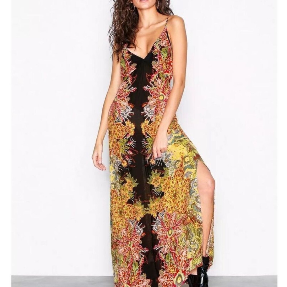 Free People Wildflower Black Multi Print Maxi Slip Dress - size L